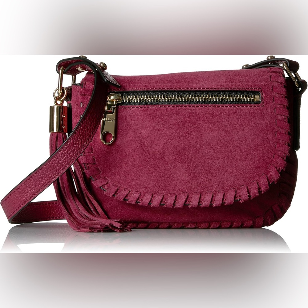 Milly Astor Suede Whipstitch Small Saddle Crossbody Bag burgundy